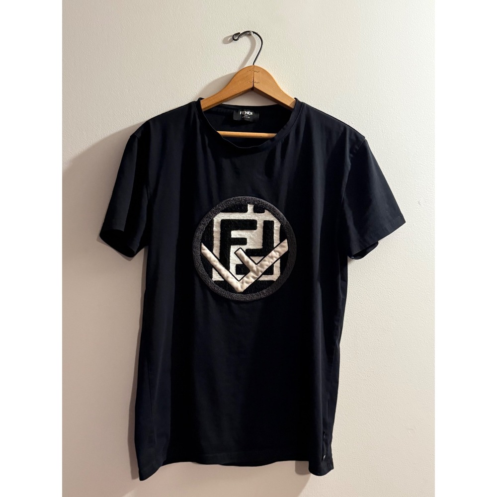 Fendi Roma Mens Black FF Logo Chenille Patch T-Shirt Y2K Made in Italy L